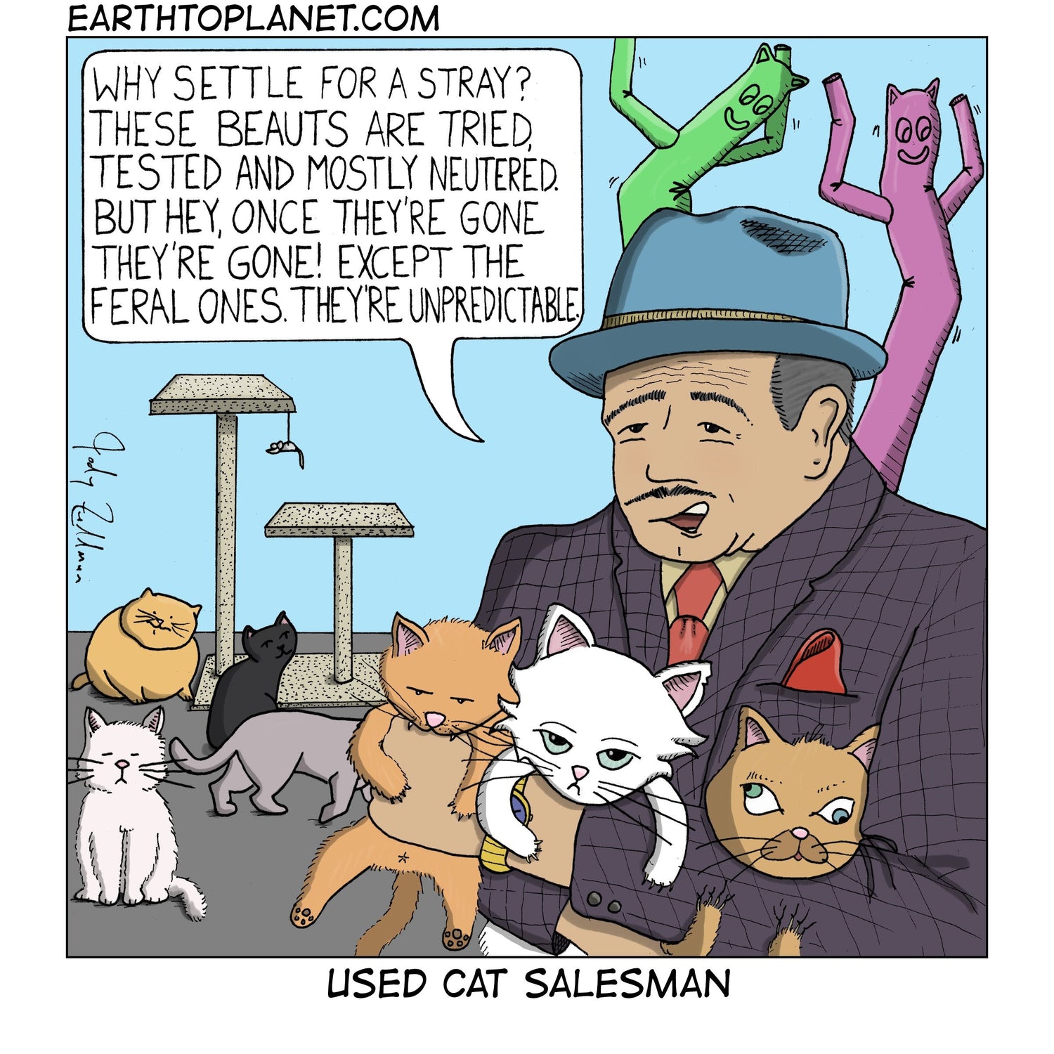 Used Cat Salesman Cartoon